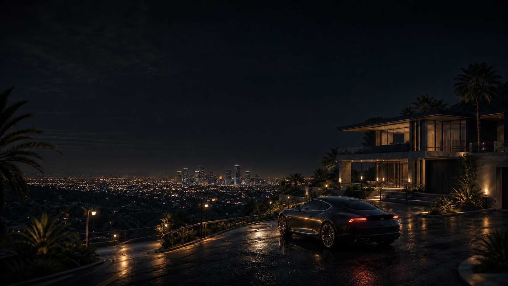 Villa nocturne surplombant la ville